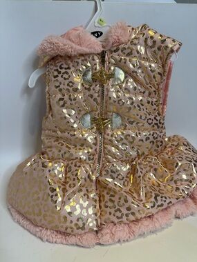 Little Lass Pink and Gold Metallic Leopard Puffer Vest with Faux Fur Trim